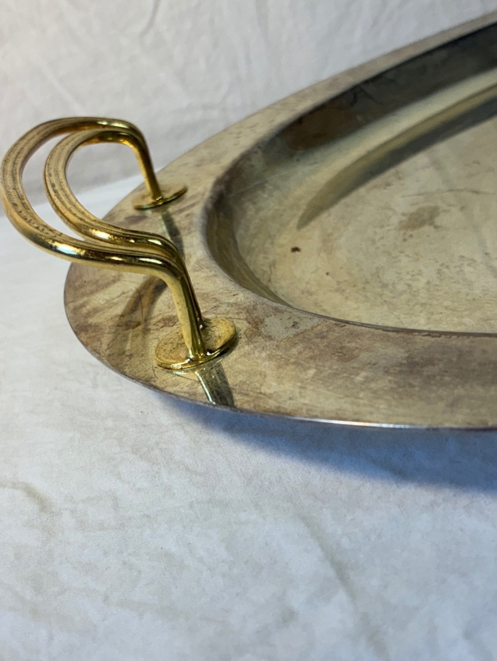 Large Vintage Oval Silver Serving Tray with Ornate Brass Handles - Picture 5 of 6